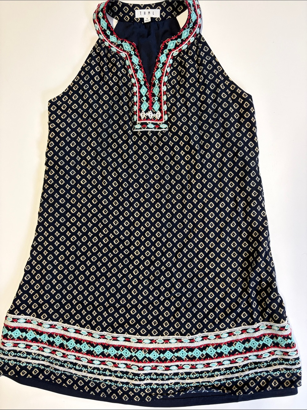 THML Embroidered Sleeveless Boho Dress Navy Geometric Print Size Small